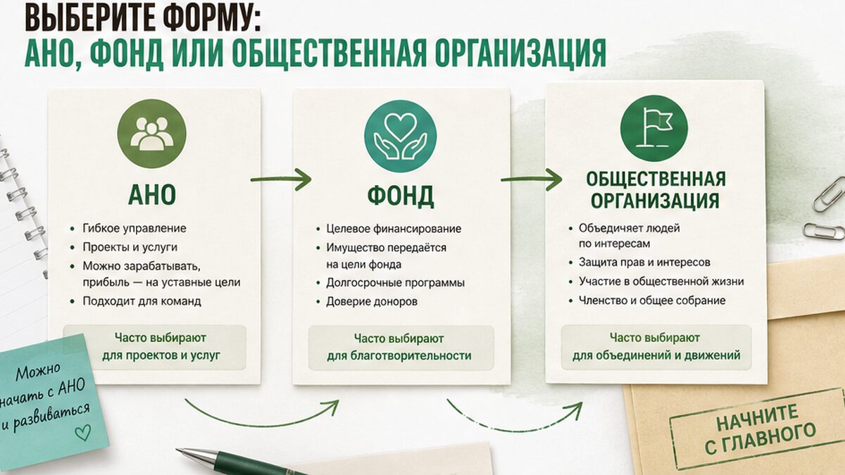 Схема выбора формы НКО: АНО, фонд или общественная организация