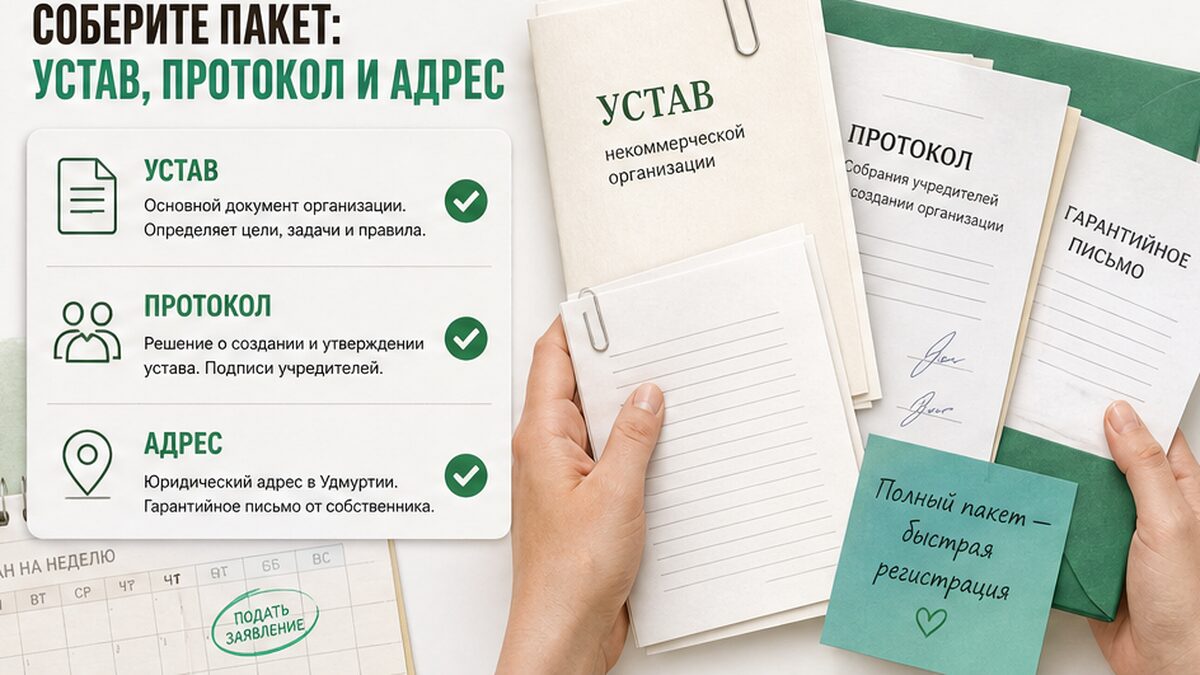 Чеклист пакета документов: устав, протокол и адрес для регистрации НКО