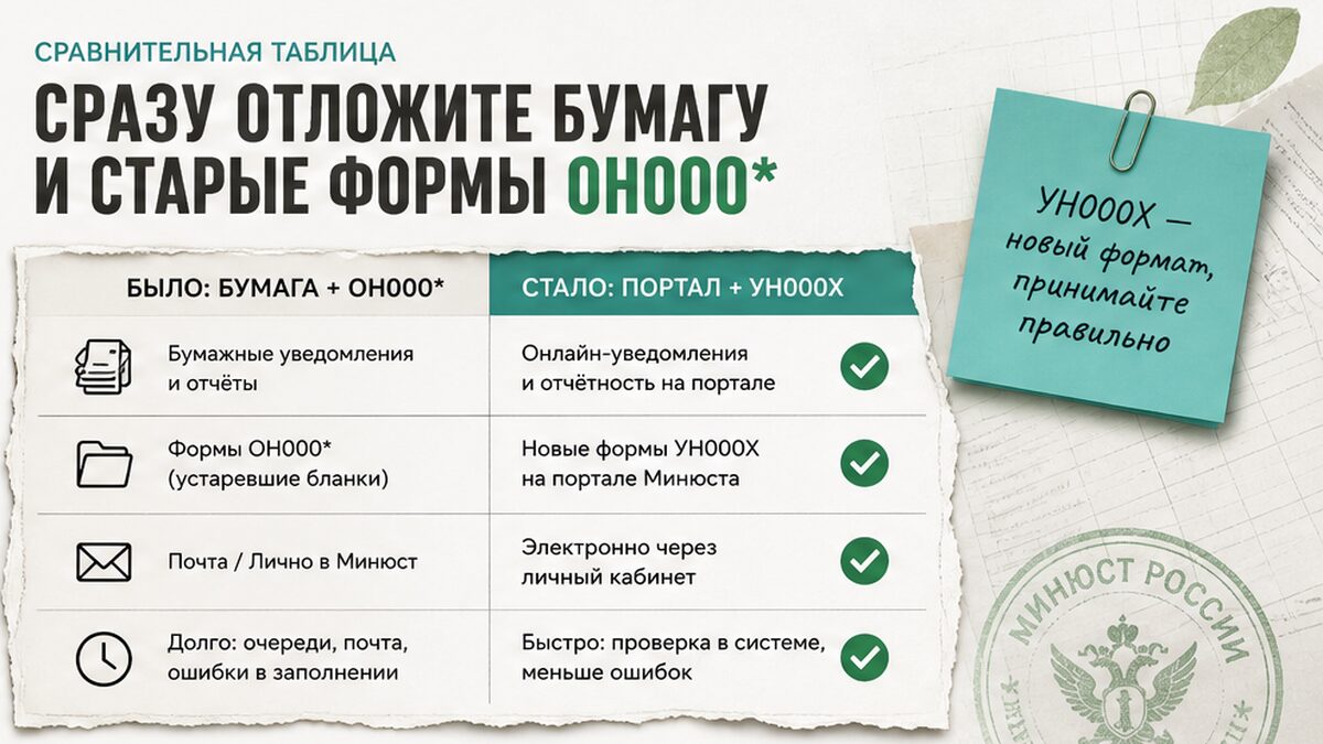 Сравнение: старые бумажные ОН000* против электронной УН000Х на портале