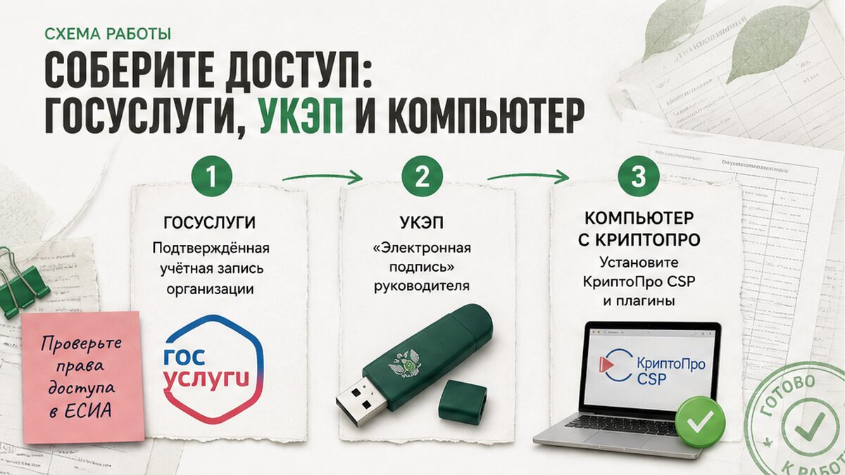 Схема доступа: Госуслуги, УКЭП и рабочий компьютер перед сдачей отчёта