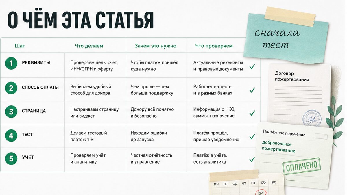Сравнительная таблица шагов запуска приема пожертвований на сайте НКО